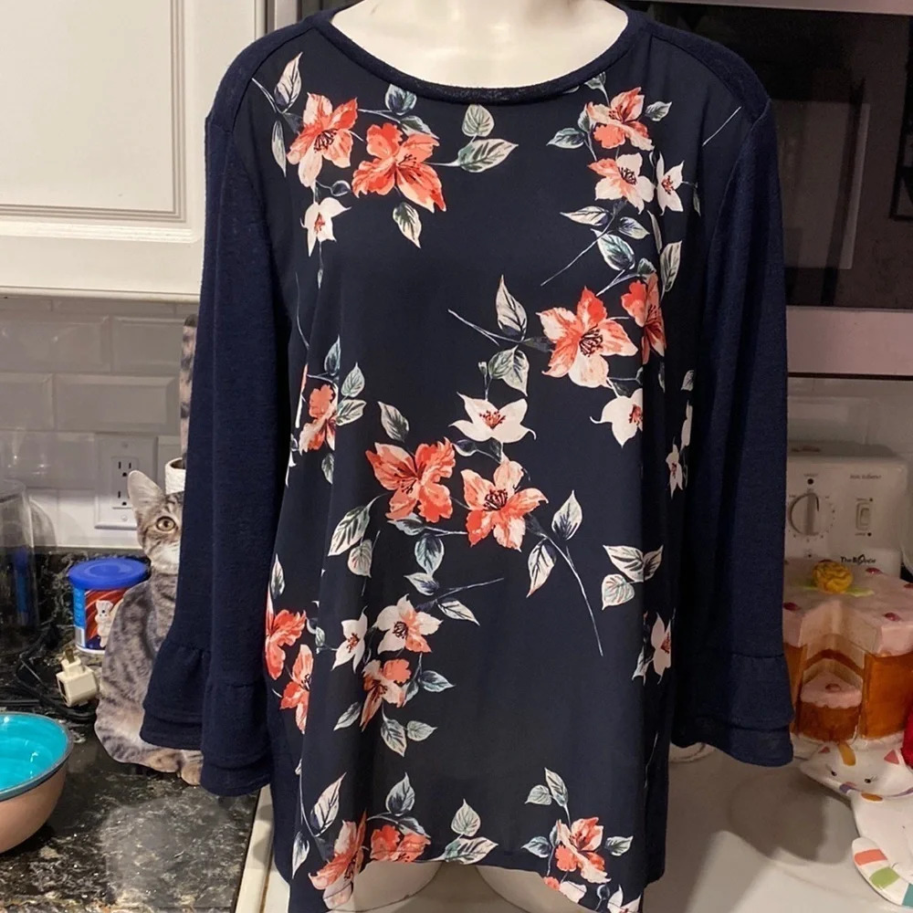 D womens Van Heusen floral long tulip sleeve stretch regular size top XL